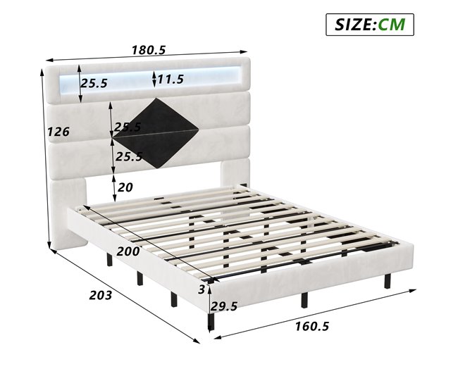 Conforama Cama Tapizada 160 X 200 Cm Cama Doble Con USB Y LED Estructura De Cama Casal Con Somier De Lamas De Madera Y Cabeceiro