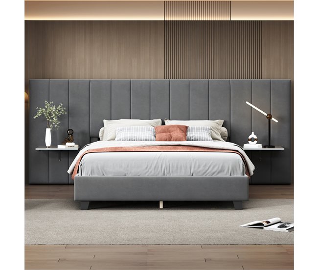 Conforama Cama Tapizada 160 X 200 Cm - Con Cabecero Y Respaldo Ampliados - Estantes A Ambos Lados Del Cabecero - Tela De Terciopelo - Gris