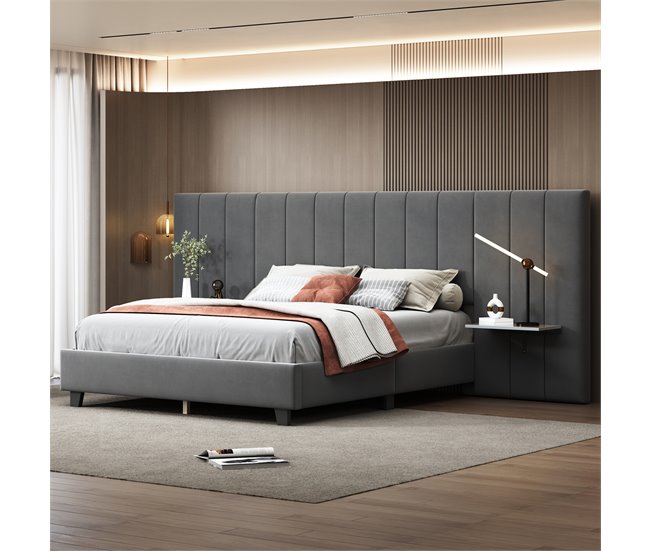 Conforama Cama Tapizada 160 X 200 Cm - Con Cabecero Y Respaldo Ampliados - Estantes A Ambos Lados Del Cabecero - Tela De Terciopelo - Gris