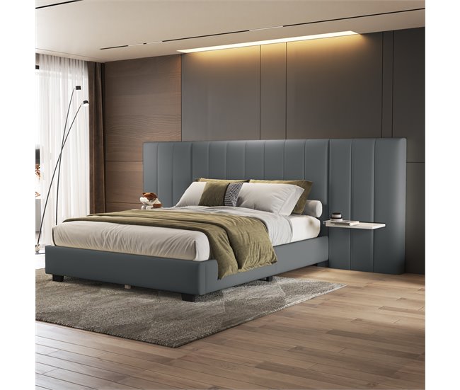 Conforama Cama Tapizada 160 X 200 Cm - Con Cabecero Y Respaldo Ampliados - Estantes A Ambos Lados Del Cabecero - Tela De Terciopelo - Gris