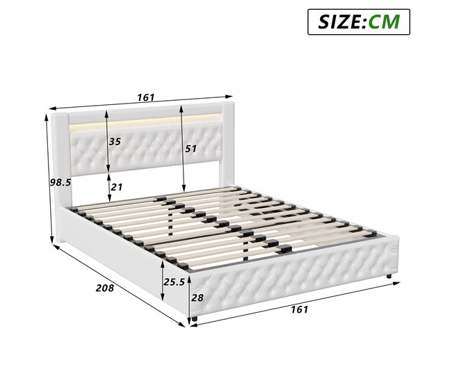 Conforama Cama Tapizada 160x200 Cm Con Almacenamiento Y Somier De Lamas Cama Tipo Box Spring Doble Con Cuero Cama Con Almacenamiento Cama Funcional Blanca