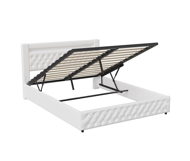 Conforama Cama Tapizada 160x200 Cm Con Almacenamiento Y Somier De Lamas Cama Tipo Box Spring Doble Con Cuero Cama Con Almacenamiento Cama Funcional Blanca