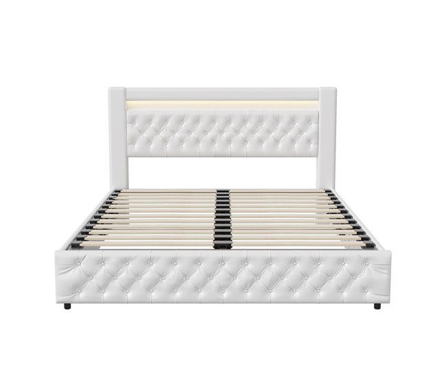 Conforama Cama tapizada 160x200 cm con almacenamiento y somier de lamas cama tipo box spring doble con cuero cama con almacenamiento cama funcional blanca