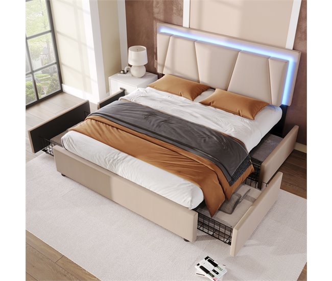 Conforama Cama Tapizada 160x200cm En Lino - Con 2 Cajones + LED + Somier - Beige