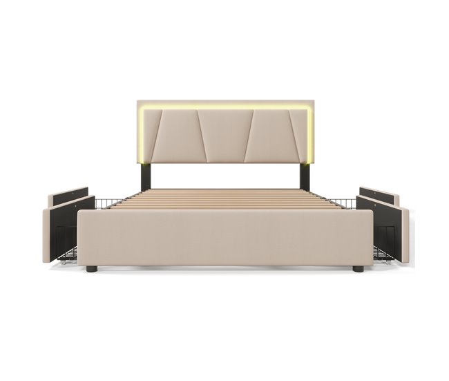 Conforama Cama tapizada 160x200cm en lino - con 2 cajones + LED + somier - Beige