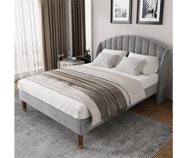 Conforama Cama Tapizada 160x200cm En Terciopelo Con Somier De Láminas - Gris
