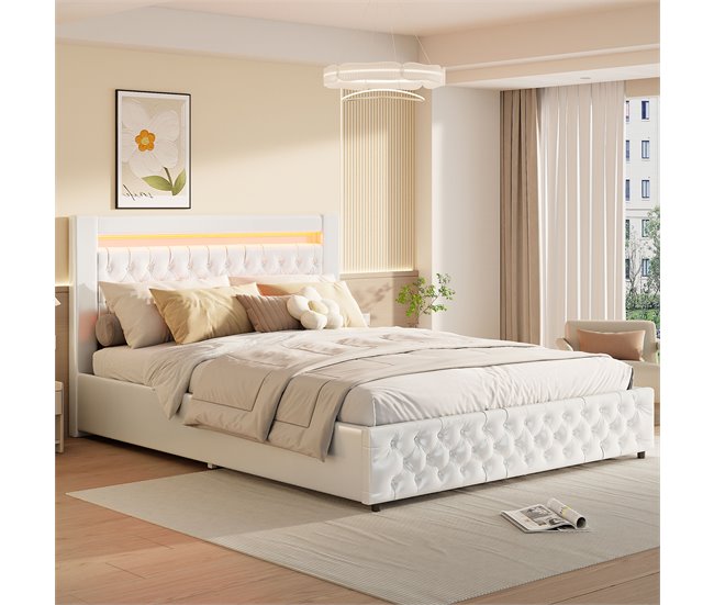 Conforama Cama Tapizada 180x200 Cm Con Almacenamiento Y Somier De Lamas Cama Tipo Box Spring Doble Con Cuero Cama Con Almacenamiento Cama Funcional Blanca
