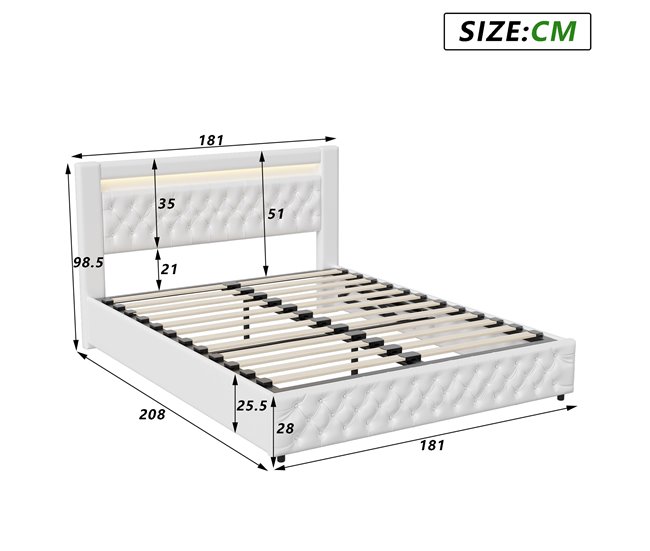 Conforama Cama Tapizada 180x200 Cm Con Almacenamiento Y Somier De Lamas Cama Tipo Box Spring Doble Con Cuero Cama Con Almacenamiento Cama Funcional Blanca