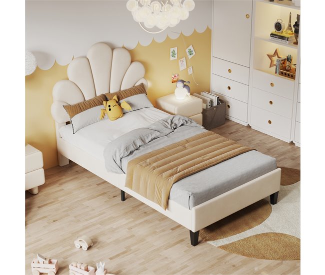 Conforama Cama Tapizada De 90 X 200 Cm Con Cabecero En Forma De Flor Y Somier De Láminas Cama Individual Para Mujeres Y Niños Pequeños
