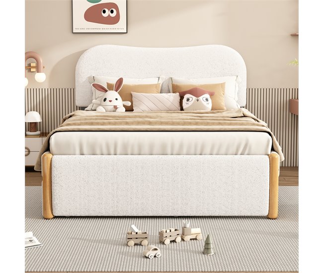Conforama Cama Tapizada De Felpa 140x200 Cm - Con Canapé Extraíble - Con Somier De Láminas De MDF - Blanco
