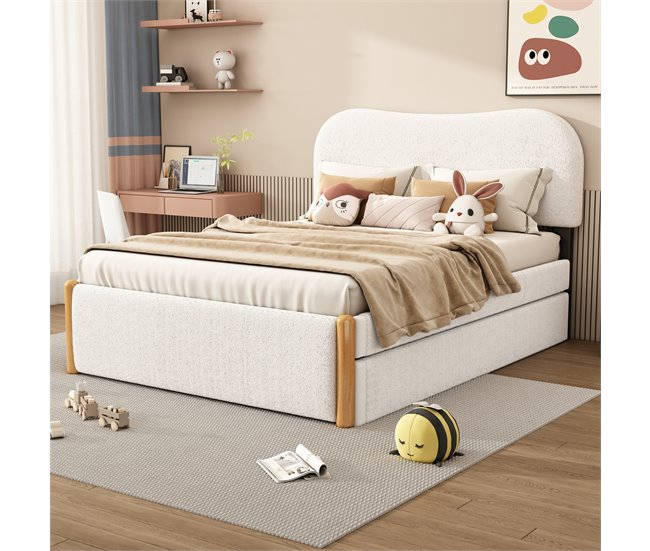 Conforama Cama Tapizada De Felpa 140x200 Cm - Con Canapé Extraíble - Con Somier De Láminas De MDF - Blanco