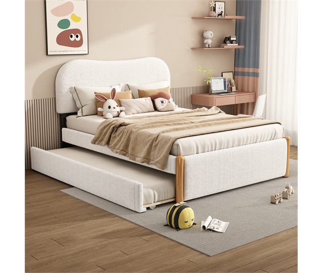 Conforama Cama Tapizada De Felpa 140x200 Cm - Con Canapé Extraíble - Con Somier De Láminas De MDF - Blanco
