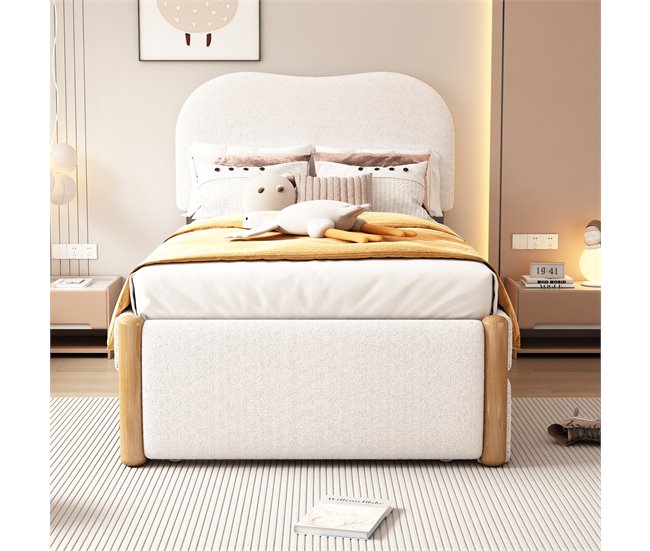 Conforama Cama Tapizada De Felpa 90x200 Cm - Con Cama Nido Extraíble 90x190 Cm - Con Somier De Láminas De MDF - Blanco