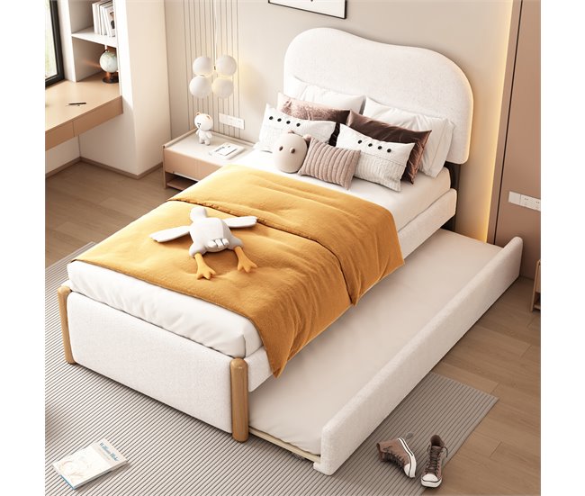 Conforama Cama Tapizada De Felpa 90x200 Cm - Con Cama Nido Extraíble 90x190 Cm - Con Somier De Láminas De MDF - Blanco