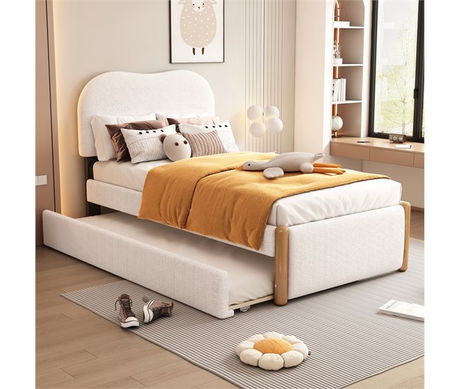 Conforama Cama Tapizada De Felpa 90x200 Cm - Con Cama Nido Extraíble 90x190 Cm - Con Somier De Láminas De MDF - Blanco