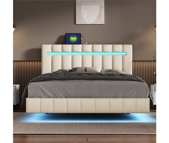 Conforama Cama Tapizada De Lino - 140x200cm - Con Iluminación LED Y Puertos De Carga USB - Beige