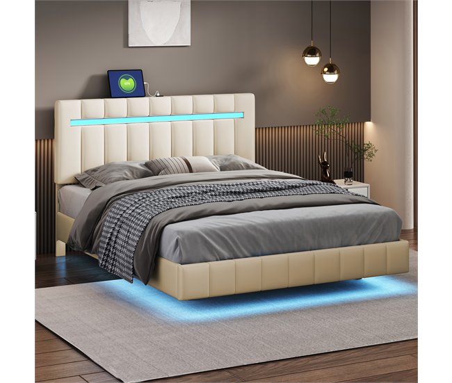 Conforama Cama Tapizada De Lino - 140x200cm - Con Iluminación LED Y Puertos De Carga USB - Beige