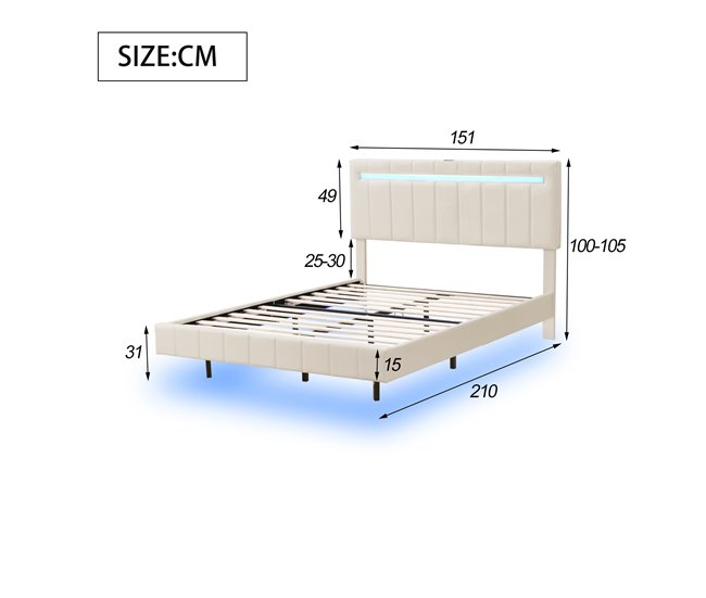 Conforama Cama Tapizada De Lino - 140x200cm - Con Iluminación LED Y Puertos De Carga USB - Beige