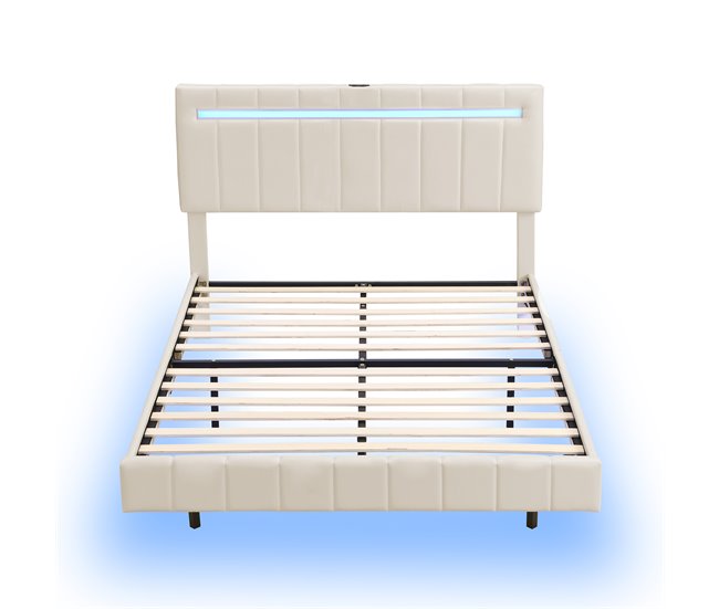 Conforama Cama tapizada de lino - 140x200cm - con iluminación LED y puertos de carga USB - Beige