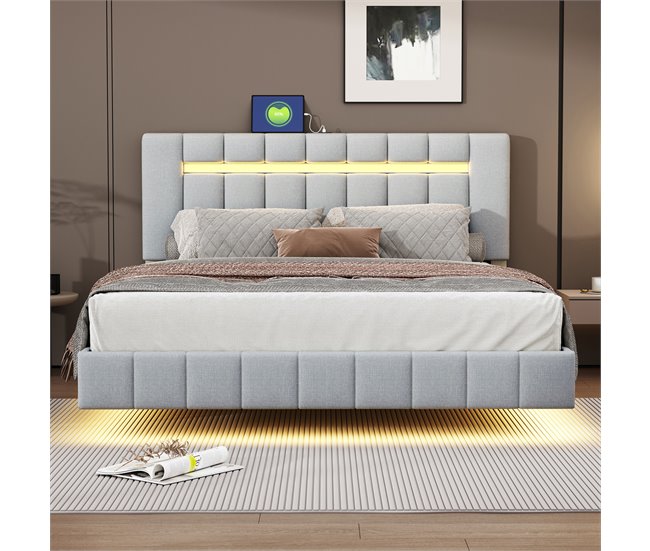 Conforama Cama Tapizada De Lino - 160x200cm - Con Iluminación LED Y Puertos De Carga USB - Gris