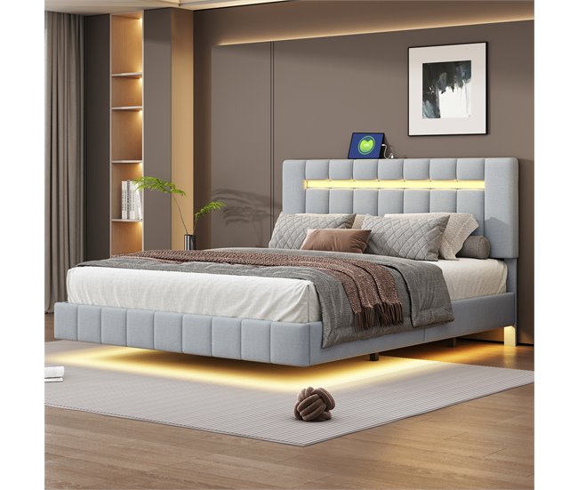 Conforama Cama Tapizada De Lino - 160x200cm - Con Iluminación LED Y Puertos De Carga USB - Gris