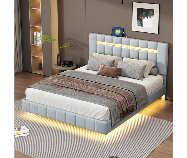 Conforama Cama Tapizada De Lino - 160x200cm - Con Iluminación LED Y Puertos De Carga USB - Gris