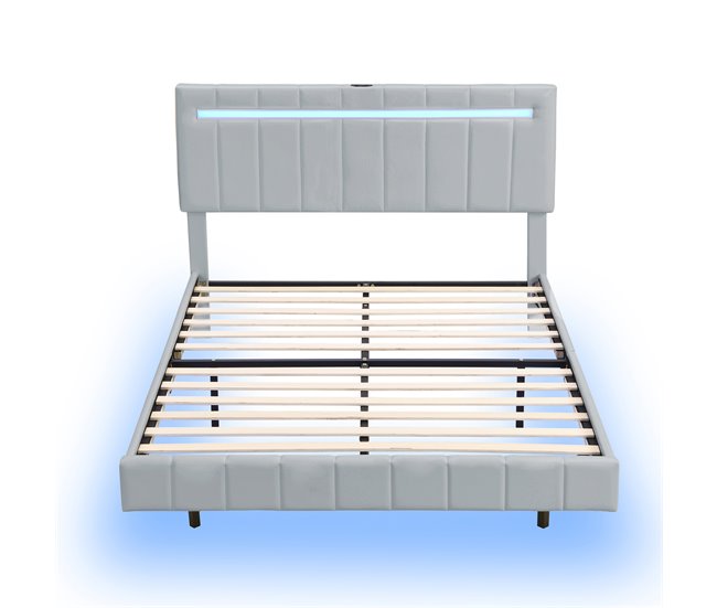 Conforama Cama tapizada de lino - 160x200cm - con iluminación LED y puertos de carga USB - Gris