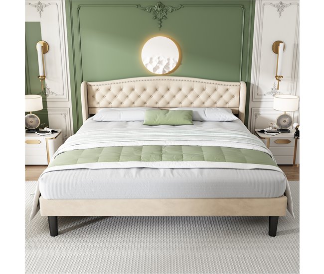 Conforama Cama Tapizada De Terciopelo - 160x200cm - Con Somier - Beige
