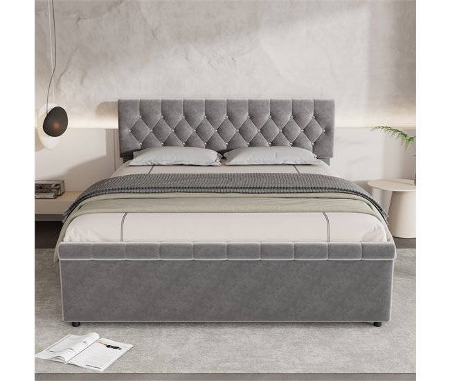 Conforama Cama Tapizada De Terciopelo Con 2 Cajones - Extremo De La Cama En Forma De Trineo - 140x200cm - Gris