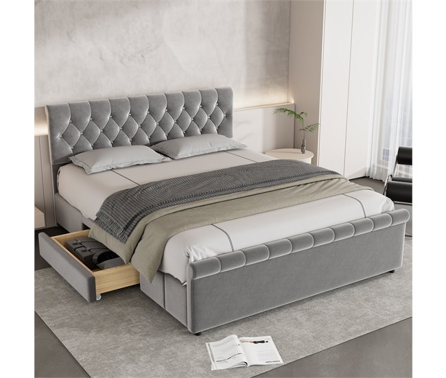 Conforama Cama Tapizada De Terciopelo Con 2 Cajones - Extremo De La Cama En Forma De Trineo - 140x200cm - Gris