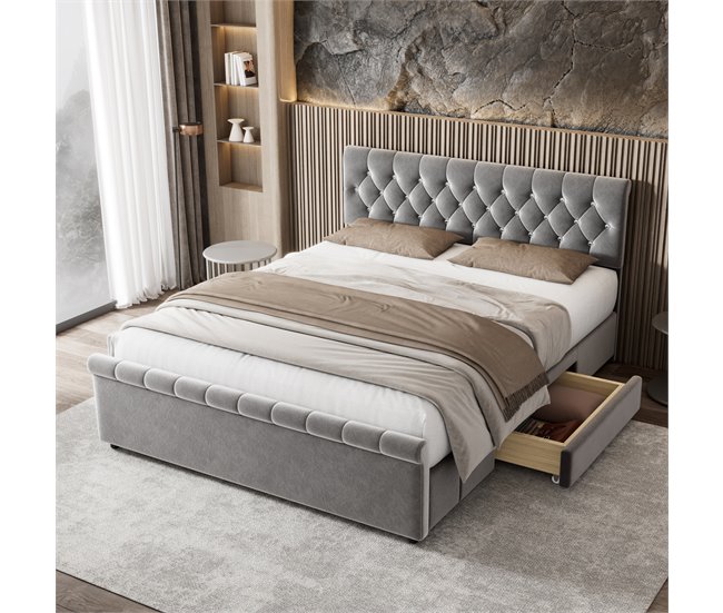 Conforama Cama Tapizada De Terciopelo Con 2 Cajones - Extremo De La Cama En Forma De Trineo - 140x200cm - Gris