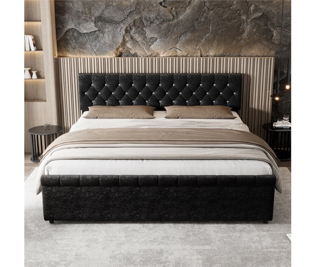 Conforama Cama Tapizada De Terciopelo Con 2 Cajones - Extremo De Cama En Forma De Trineo - 180x200cm - Negro