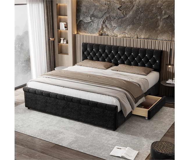 Conforama Cama Tapizada De Terciopelo Con 2 Cajones - Extremo De Cama En Forma De Trineo - 180x200cm - Negro