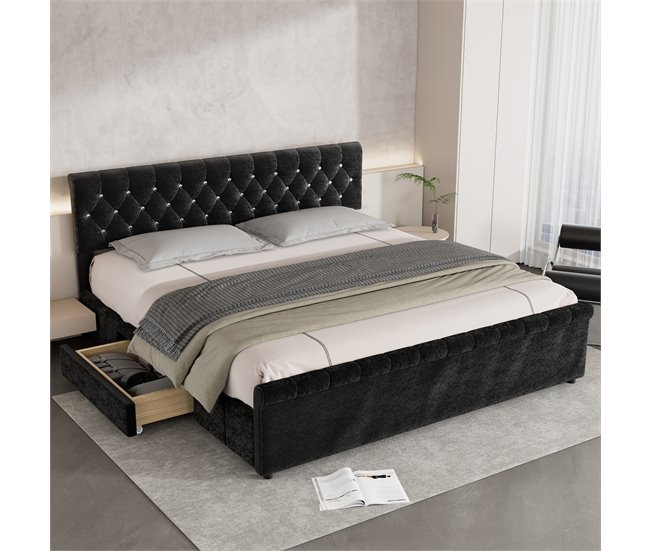 Conforama Cama Tapizada De Terciopelo Con 2 Cajones - Extremo De Cama En Forma De Trineo - 180x200cm - Negro