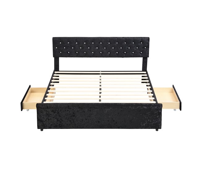 Conforama Cama tapizada de terciopelo con 2 cajones - Extremo de cama en forma de trineo - 180x200cm - Negro
