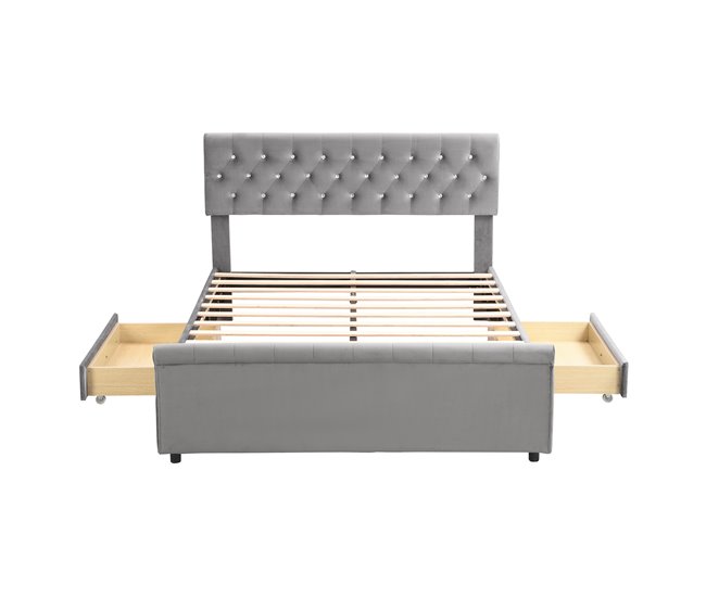 Conforama Cama tapizada de terciopelo con 2 cajones - extremo de la cama en forma de trineo - 140x200cm - Gris