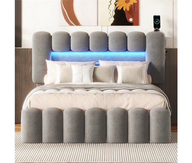 Conforama Cama Tapizada En Terciopelo - 140x200cm - 4 Cajones + LED + Puertos De Carga + Lector - Gris