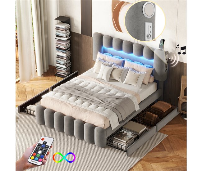 Conforama Cama Tapizada En Terciopelo - 140x200cm - 4 Cajones + LED + Puertos De Carga + Lector - Gris