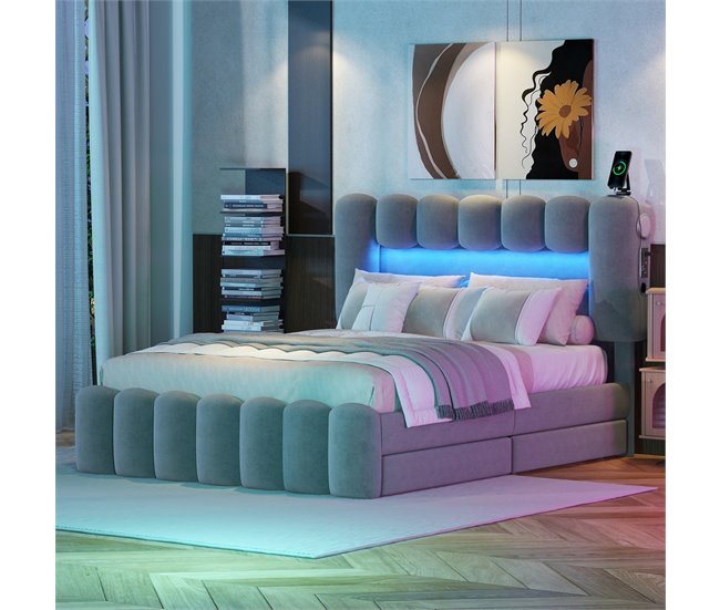 Conforama Cama Tapizada En Terciopelo - 140x200cm - 4 Cajones + LED + Puertos De Carga + Lector - Gris