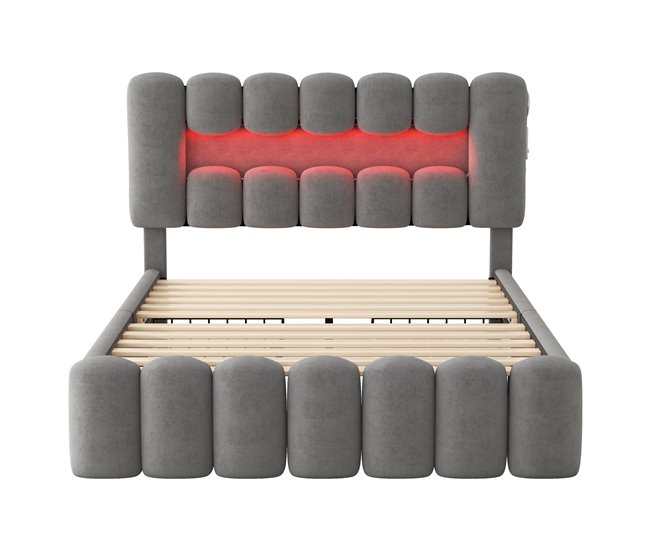 Conforama Cama tapizada en terciopelo - 140x200cm - 4 cajones + LED + Puertos de carga + Lector - Gris