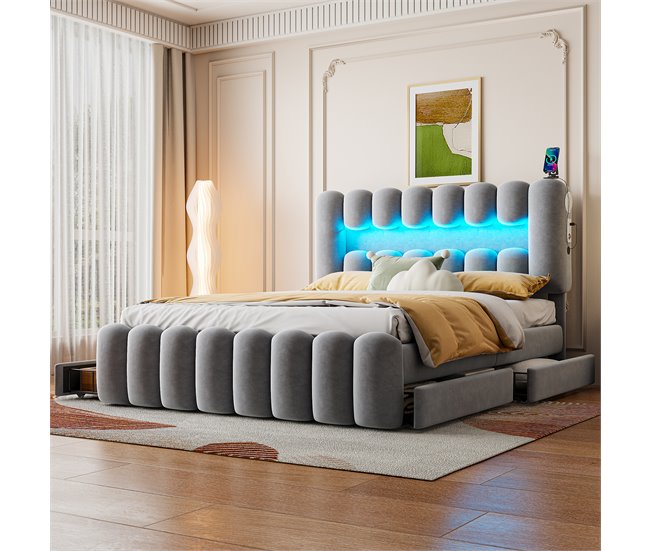 Conforama Cama Tapizada En Terciopelo - 160x200cm - 4 Cajones + LED + Puertos De Carga + Lector - Gris
