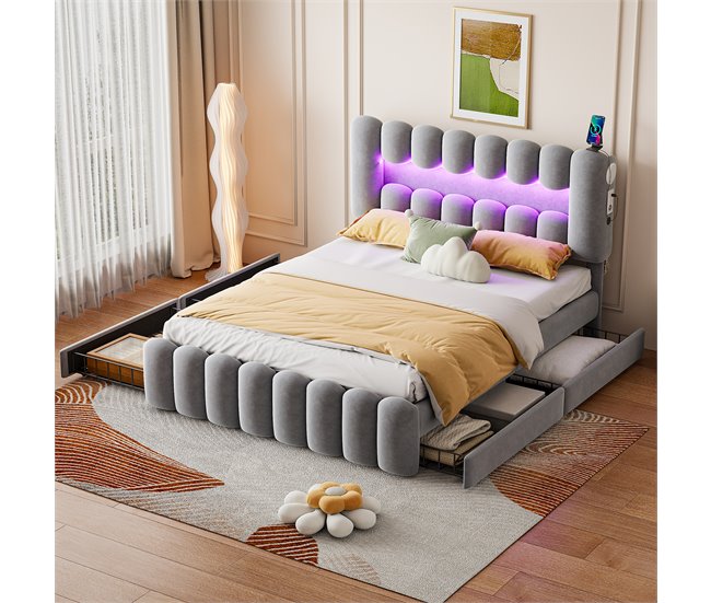 Conforama Cama Tapizada En Terciopelo - 160x200cm - 4 Cajones + LED + Puertos De Carga + Lector - Gris