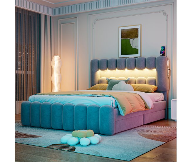 Conforama Cama Tapizada En Terciopelo - 160x200cm - 4 Cajones + LED + Puertos De Carga + Lector - Gris