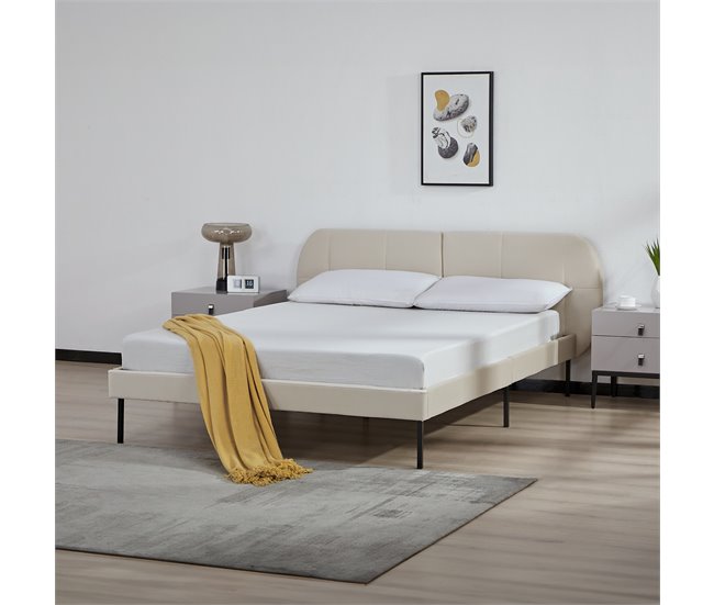 Conforama Cama Tapizada Porvoo Con Cabecero Somier Terciopelo 140x200cm - Beige [en.casa]