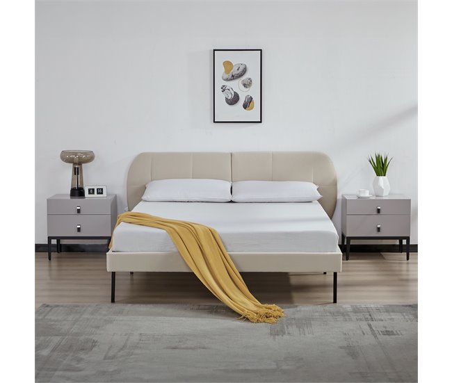 Conforama Cama Tapizada Porvoo Con Cabecero Somier Terciopelo 140x200cm - Beige [en.casa]