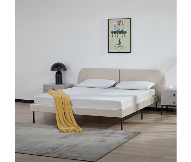 Conforama Cama Tapizada Porvoo Con Cabecero Somier Terciopelo 160x200cm - Beige [en.casa]