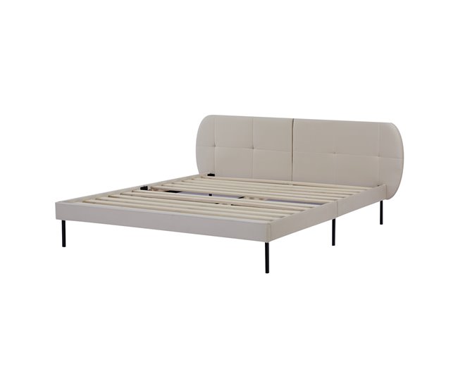 Conforama Cama tapizada Porvoo con cabecero somier terciopelo 160x200cm - Beige [en.casa]