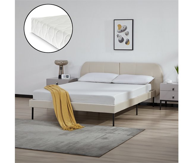 Conforama Cama Tapizada Porvoo Con Cabecero Somier Terciopelo Con Colchón 140x200cm - Beige [en.casa]