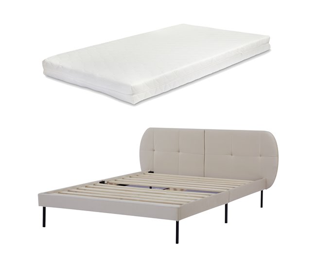 Conforama Cama tapizada Porvoo con cabecero somier terciopelo con colchón 140x200cm - Beige [en.casa]