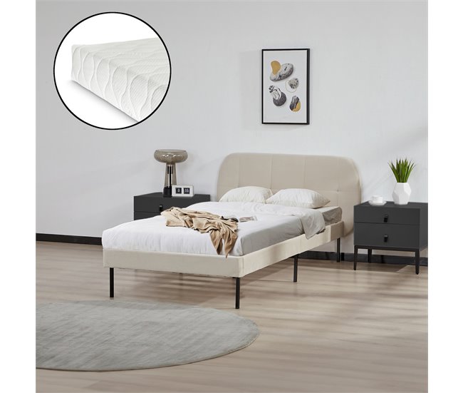 Conforama Cama Tapizada Porvoo Con Cabecero Somier Terciopelo Con Colchón 90x200cm - Beige [en.casa]